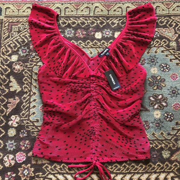 Red Polka Dot Pleated Cinched-Front Top *NEW with Tags* Size S - Picture 4 of 16